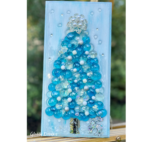 Blue Christmas Tree Cabochon Glass Tree Art Glass Resin Art Handcrafted Custom 6”x12”Wood Panel