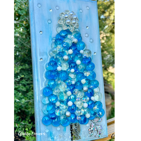 Blue Christmas Tree Cabochon Glass Tree Art Glass Resin Art Handcrafted Custom 6”x12”Wood Panel